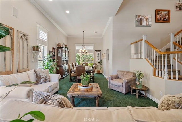 28433 Pinewood Ct, Saugus, CA 91390 - carpeted living room with a chandelier, stairway, ornamental molding, a high ceiling, and recessed lighting