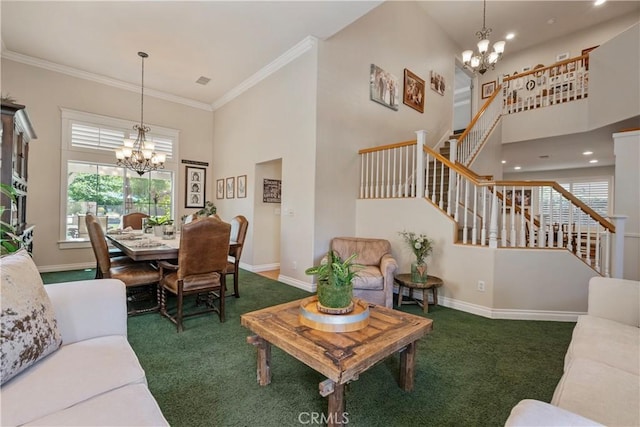 28433 Pinewood Ct, Saugus, CA 91390 - living room featuring a chandelier, a towering ceiling, carpet flooring, stairway, and crown molding