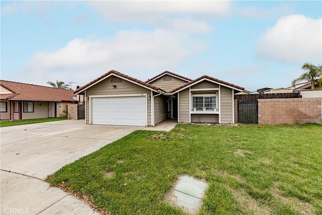 510 Monika Ct, Beaumont, CA 92223 - ranch-style house with a tile roof, a garage, fence, a front lawn, and concrete driveway