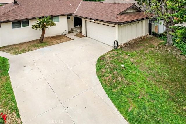 16840 Superior St, Northridge, CA 91343 - ranch-style home with a shingled roof, driveway, a garage, and board and batten siding
