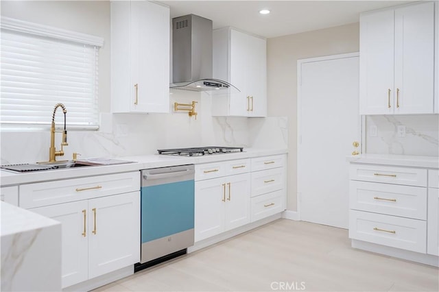 16840 Superior St, Northridge, CA 91343 - kitchen featuring wall chimney range hood, dishwasher, a sink, stainless steel gas cooktop, and decorative backsplash