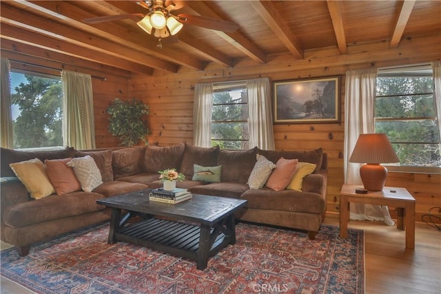 living area featuring beamed ceiling and wood walls