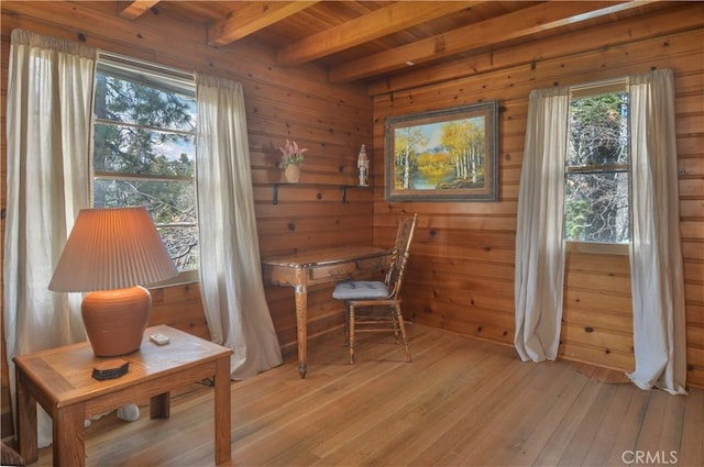 sitting room featuring wood ceiling, wood walls, beam ceiling, and light wood finished floors