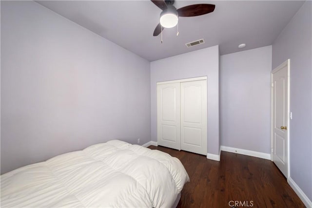 11175 Reagan St, Los Alamitos, CA 90720 - bedroom with ceiling fan, visible vents, wood finished floors, baseboards, and a closet
