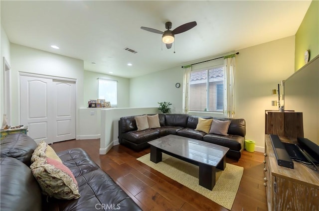 11175 Reagan St, Los Alamitos, CA 90720 - living room with wood-type flooring, visible vents, baseboards, recessed lighting, and a ceiling fan
