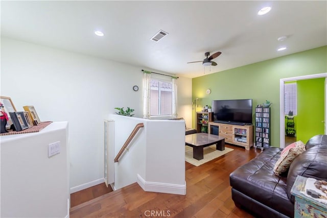 11175 Reagan St, Los Alamitos, CA 90720 - living area featuring a ceiling fan, recessed lighting, wood finished floors, and visible vents