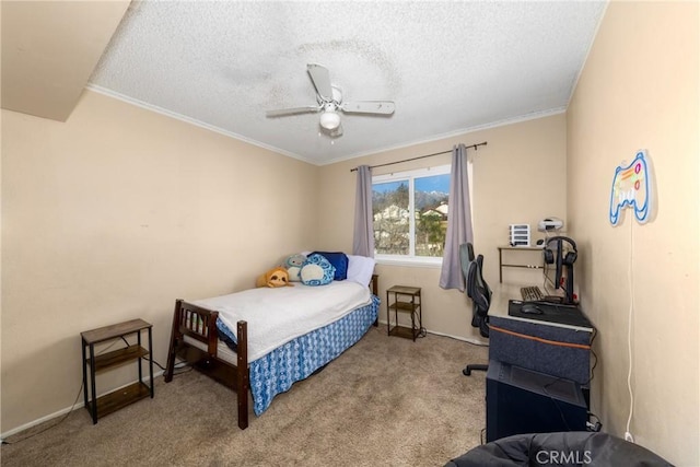 11874 Cornell Ln, Yucaipa, CA 92399 - bedroom with carpet, a textured ceiling, crown molding, and a ceiling fan
