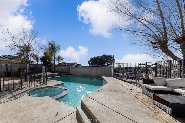 11874 Cornell Ln, Yucaipa, CA 92399 - view of swimming pool featuring a patio, a fenced backyard, and a pool with connected hot tub