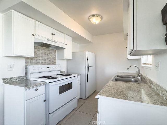 3501 20th St, Highland, CA 92346 - kitchen featuring a sink, white appliances, under cabinet range hood, decorative backsplash, and white cabinets