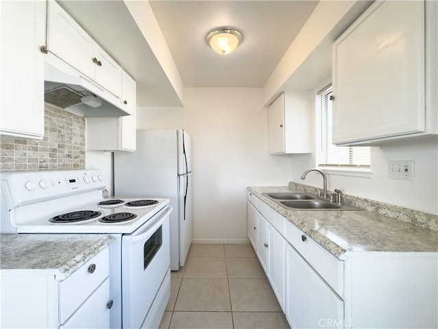 3501 20th St, Highland, CA 92346 - kitchen featuring a sink, tasteful backsplash, white appliances, and white cabinets
