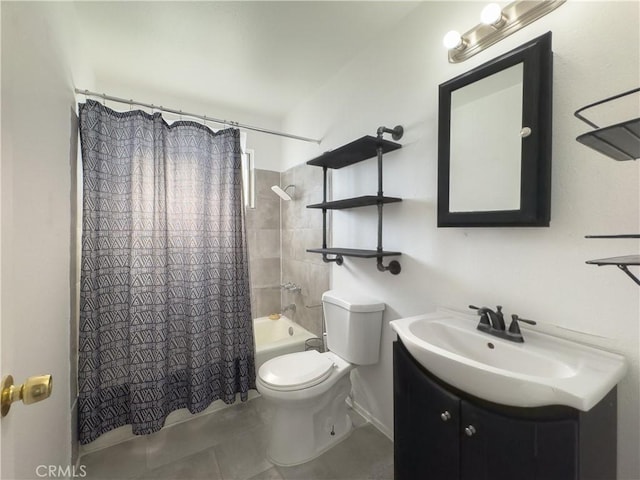 3501 20th St, Highland, CA 92346 - full bathroom with vanity, shower / tub combo with curtain, tile patterned floors, and toilet