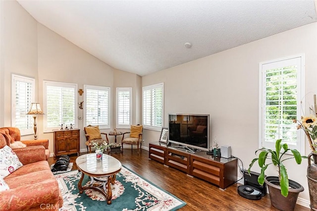 living room with plenty of natural light, dark wood finished floors, and vaulted ceiling