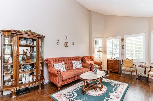 living room featuring dark wood-type flooring and high vaulted ceiling