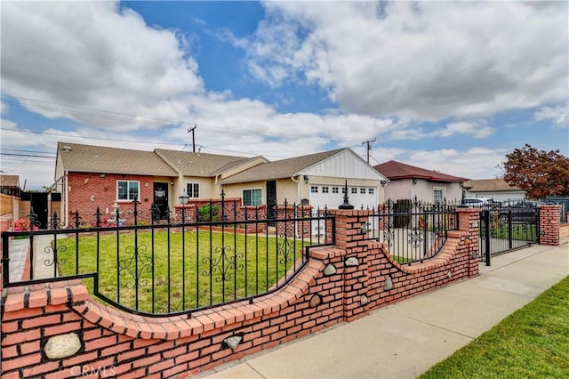 ranch-style home featuring fence, a front yard, and a garage