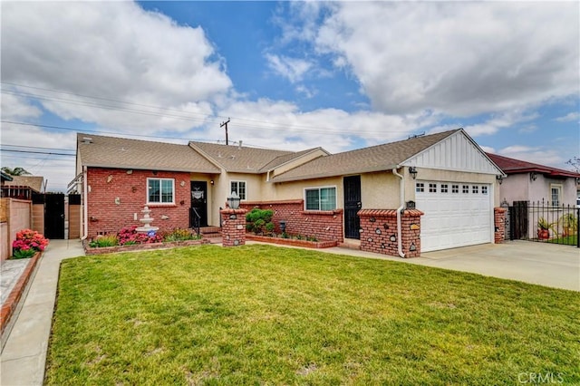ranch-style home with fence, an attached garage, brick siding, a front yard, and driveway