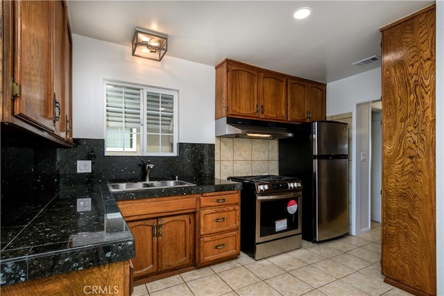 kitchen with visible vents, under cabinet range hood, brown cabinets, a sink, and appliances with stainless steel finishes
