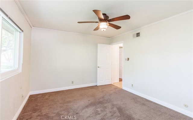 spare room with ceiling fan, ornamental molding, visible vents, and carpet