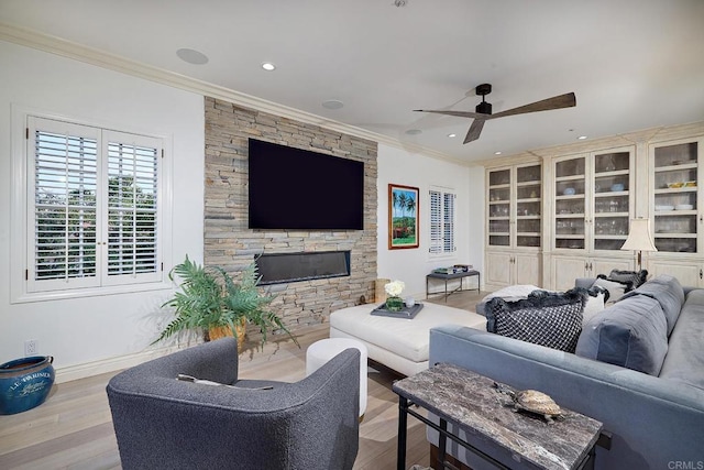 6019 La Flecha, Rancho Santa Fe, CA 92067 - living room with wood finished floors, recessed lighting, crown molding, a ceiling fan, and baseboards