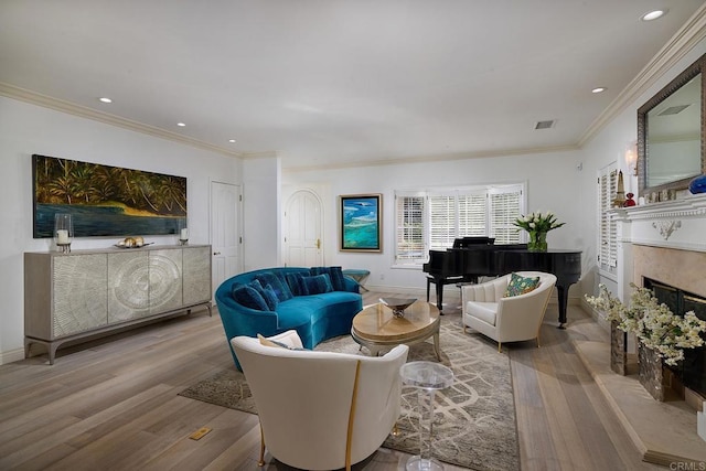 6019 La Flecha, Rancho Santa Fe, CA 92067 - living area featuring crown molding, wood finished floors, and a fireplace