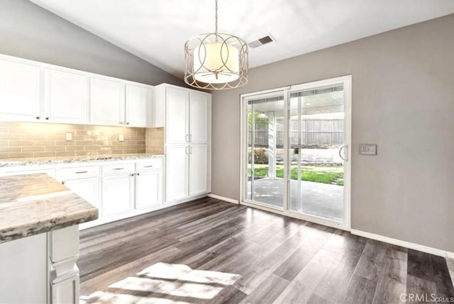25624 Driftview Cir, Menifee, CA 92584 - kitchen featuring backsplash, baseboards, white cabinetry, dark wood-style floors, and light stone counters
