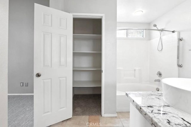 25624 Driftview Cir, Menifee, CA 92584 - bathroom featuring tile patterned flooring, vanity, baseboards, and shower / tub combination