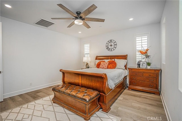 12931 Lotus St, Garden Grove, CA 92840 - bedroom with visible vents, baseboards, ceiling fan, light wood-style floors, and recessed lighting