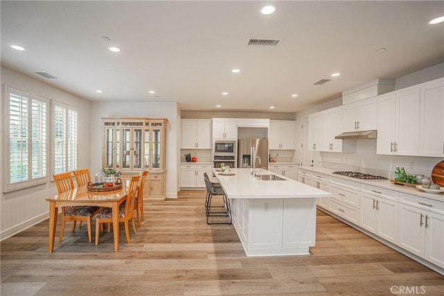 12931 Lotus St, Garden Grove, CA 92840 - kitchen featuring under cabinet range hood, visible vents, a sink, light countertops, and appliances with stainless steel finishes