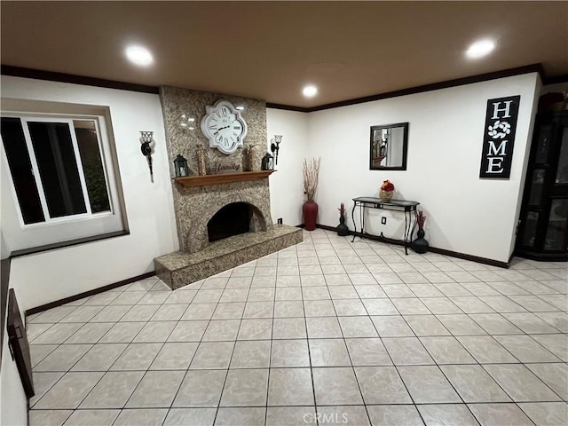 7650 El Vino Way, Buena Park, CA 90620 - living room featuring a large fireplace, recessed lighting, light tile patterned floors, and crown molding
