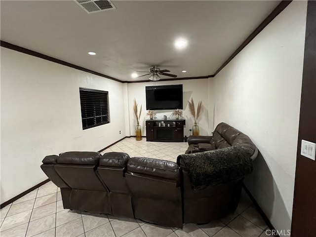 7650 El Vino Way, Buena Park, CA 90620 - living room featuring recessed lighting, crown molding, a ceiling fan, and light tile patterned floors