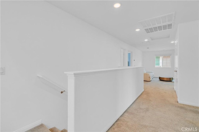 14667 Gulfstream Ln, Moreno Valley, CA 92553 - hallway featuring recessed lighting, light carpet, an upstairs landing, and visible vents