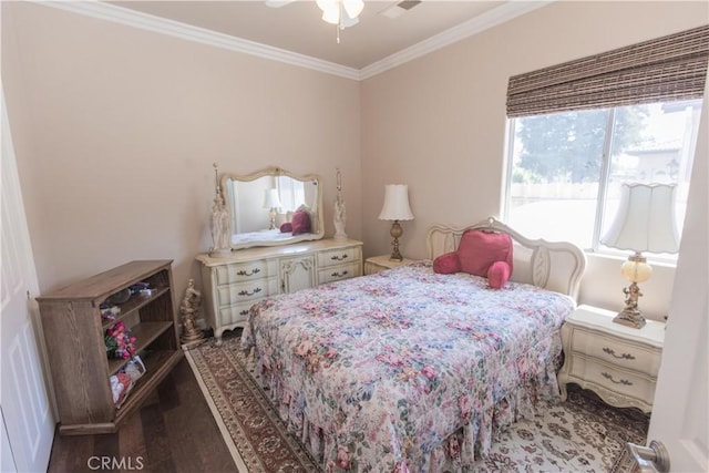 1490 N Dewitt Ave, Clovis, CA 93619 - bedroom featuring crown molding, a ceiling fan, and wood finished floors