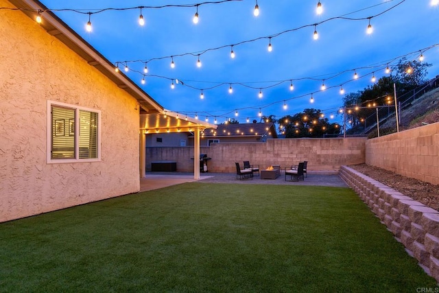 view of yard featuring an outdoor hangout area, a patio, and a fenced backyard