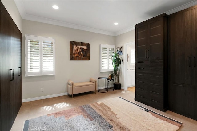 184 Halsbury Ct, Lake Sherwood, CA 91361 - living area with crown molding, light tile patterned floors, baseboards, and recessed lighting
