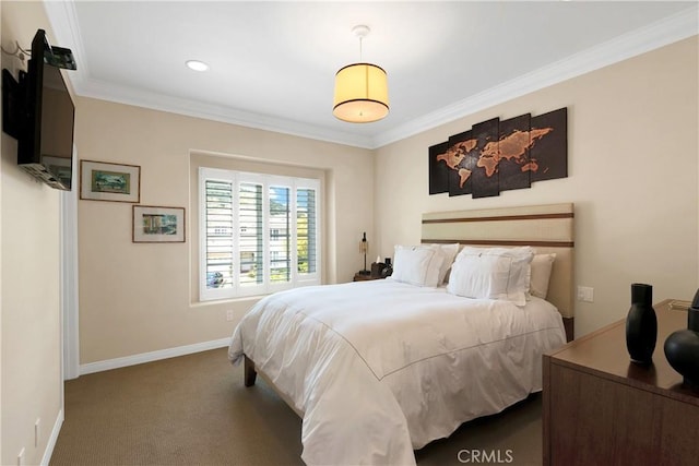 184 Halsbury Ct, Lake Sherwood, CA 91361 - bedroom featuring baseboards, ornamental molding, carpet flooring, and recessed lighting