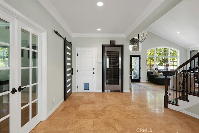 184 Halsbury Ct, Lake Sherwood, CA 91361 - foyer entrance featuring wine cooler, stairway, french doors, and a barn door