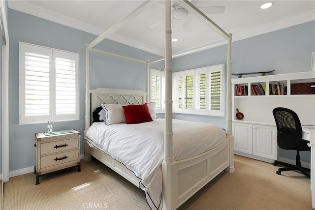 184 Halsbury Ct, Lake Sherwood, CA 91361 - bedroom featuring a ceiling fan, multiple windows, light carpet, and crown molding