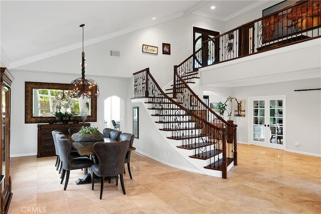 184 Halsbury Ct, Lake Sherwood, CA 91361 - dining area featuring stairs, french doors, high vaulted ceiling, visible vents, and arched walkways