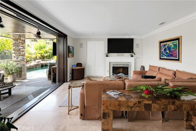 184 Halsbury Ct, Lake Sherwood, CA 91361 - living room with visible vents, a fireplace, and ornamental molding