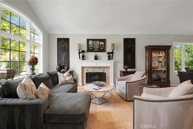 184 Halsbury Ct, Lake Sherwood, CA 91361 - living area with light tile patterned floors, a fireplace, and ornamental molding