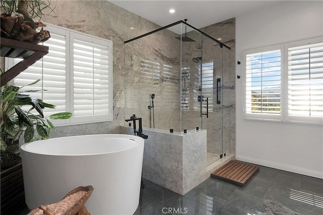 184 Halsbury Ct, Lake Sherwood, CA 91361 - full bath with recessed lighting, baseboards, a shower stall, and a freestanding tub