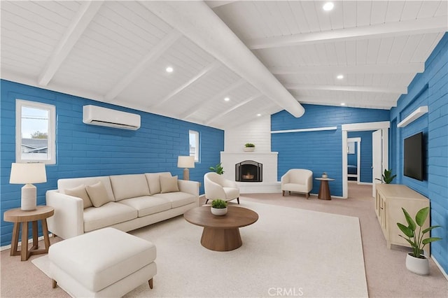 10541 Cliota St, Whittier, CA 90601 - living area with an AC wall unit, brick wall, a fireplace, recessed lighting, and light colored carpet
