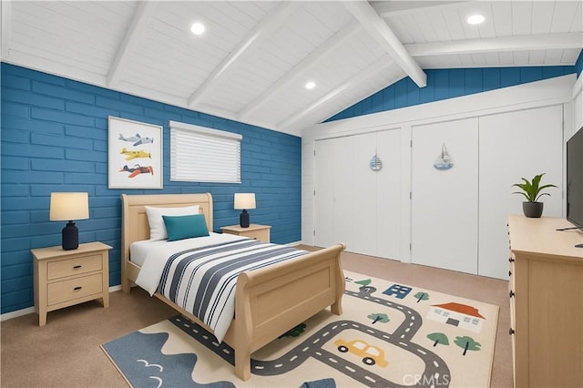 10541 Cliota St, Whittier, CA 90601 - bedroom featuring light colored carpet, recessed lighting, wooden ceiling, and brick wall