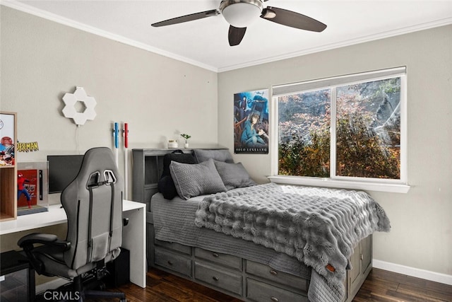 bedroom featuring crown molding, baseboards, ceiling fan, and dark wood-style floors