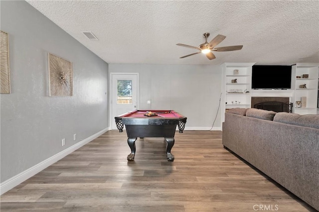 game room with billiards, a ceiling fan, visible vents, and wood finished floors
