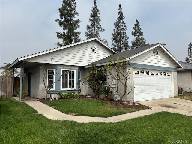 ranch-style house with fence, an attached garage, concrete driveway, stucco siding, and a front yard