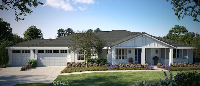 single story home featuring driveway, a garage, a front yard, a tiled roof, and board and batten siding