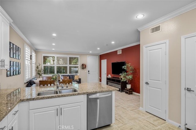 102 Rose Arch Unit 23, Irvine, CA 92620 - kitchen featuring stainless steel dishwasher, a sink, recessed lighting, ornamental molding, and white cabinets