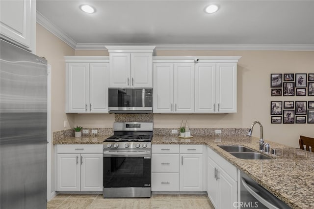 102 Rose Arch Unit 23, Irvine, CA 92620 - kitchen featuring stainless steel appliances, a sink, crown molding, white cabinetry, and light stone countertops