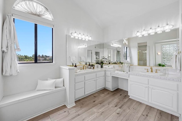 3048 Jason Rd, Fallbrook, CA 92028 - bathroom with wood finished floors, two vanities, lofted ceiling, and an enclosed shower