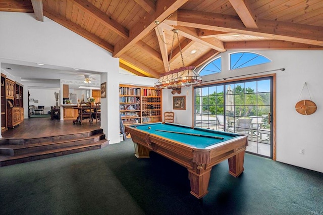 3048 Jason Rd, Fallbrook, CA 92028 - rec room with carpet, wood ceiling with exposed beams, pool table, high vaulted ceiling, and a ceiling fan